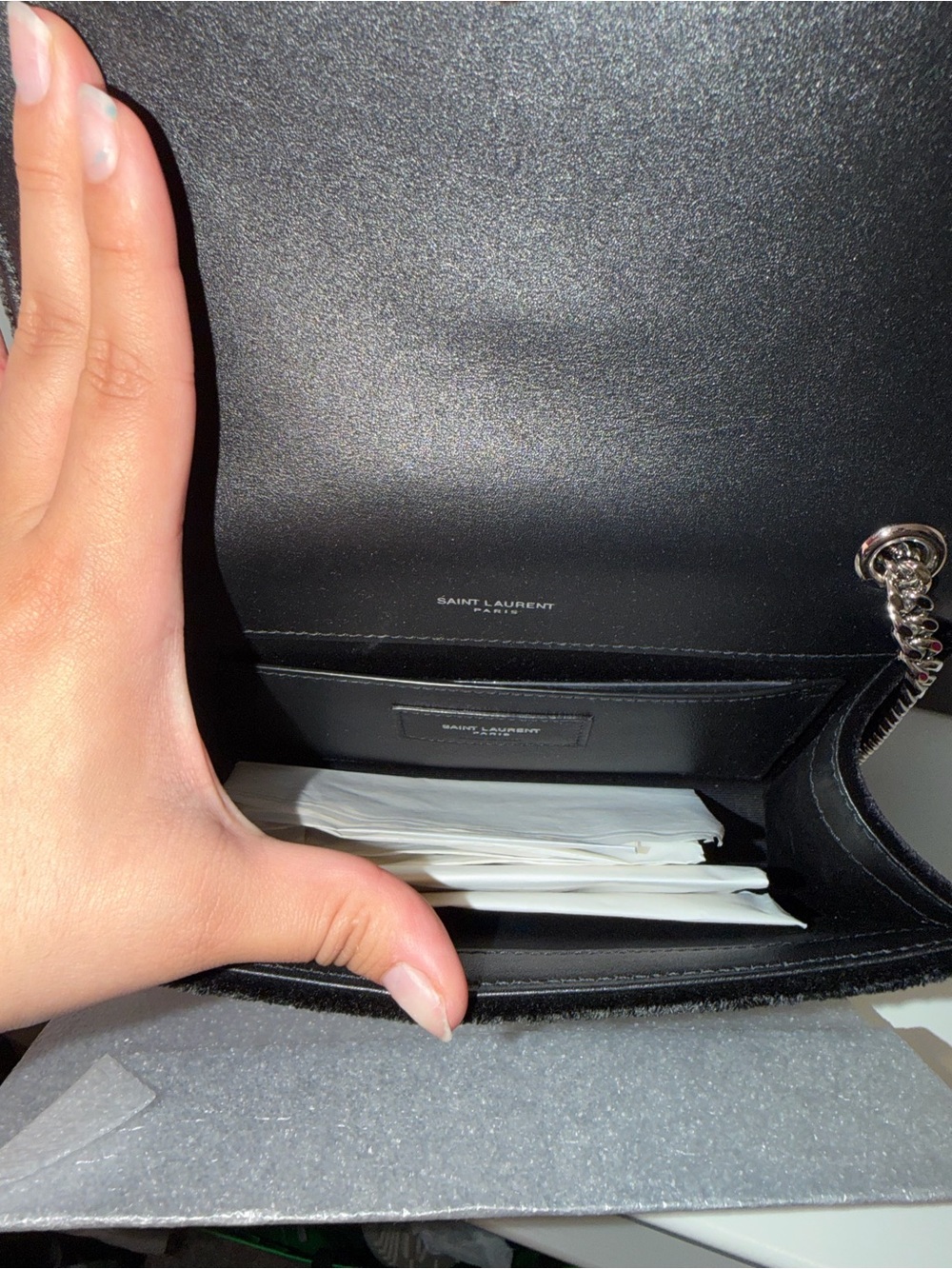New! Saint Laurent Black Velvet
Crossbody Bag with Crystal Accents - Picture 13 of 15